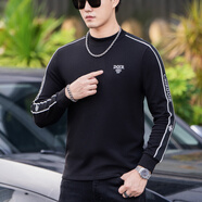 V-MENVMEN秋冬打底衫男圓領(lǐng)衛衣時(shí)尚字母刺繡織帶拼接修身彈力長(cháng)袖T恤 黑色 S
