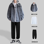 主意范（ZHUYIFAN）胖子超大碼牛仔外套男寬松大碼夾克高街連帽牛仔衣潮百搭休閑上衣 JK780灰色+T恤+黑褲 5XL 205-240斤