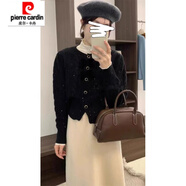 皮爾卡丹（pierre cardin）紅色針織開衫女2025年秋冬新款小香風蝴蝶結(jié)亮片外搭麻花毛衣外套 黑色 S