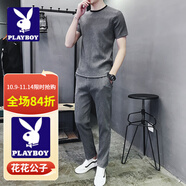 花花公子（PLAYBOY）冰絲速干套裝男夏季潮流寬松舒適短袖2025年新款時(shí)尚簡(jiǎn)約搭配一套 925灰色(短袖+長(cháng)褲) M