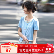 熙世界（sllsky）法式蕾絲花邊拼接圓領(lǐng)T恤短袖優(yōu)雅黑色上衣2025夏季新款 鹽水藍(lán) XL
