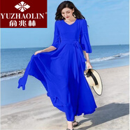 俞兆林（YUZHAOLIN）新品2024雪紡連衣裙女秋氣質(zhì)收腰顯瘦長款大擺海邊度假沙灘長裙子 寶藍色 4XL