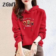 ZGWT輕奢高檔品牌小熊連帽衛衣女寬松春秋新款時(shí)尚外套百搭加絨上衣服 連帽-紅色【不加絨】-三只小熊 L 碼【建議101-109斤】