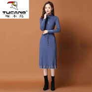 啄木鳥(niǎo)（TUCANO）2025春秋新款加厚系帶毛衣裙中長(cháng)款過(guò)膝顯瘦針織打底連衣裙蕾絲 寶藍色 3XL 建議140一150斤