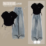 粟茝爵士舞服裝女套裝成人夏季運(yùn)動(dòng)服團(tuán)寬松顯瘦韓版露臍穿搭街舞套 [套裝]黑色上衣+藍(lán)色牛仔褲 M (165) 95105斤