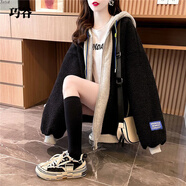 巧谷（QuinceGirl） 短外套女2023秋冬季新款純色羊羔毛加絨加厚開(kāi)衫女衛(wèi)衣 黑色_【升級(jí)版】 XL_建議140-170斤