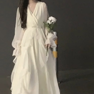 西兒溫柔風(fēng)白月光連衣裙仙女超仙高級感法式氣質(zhì)清純白色長袖裙子 連衣裙 L