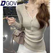 DGOV欲修身V領(lǐng)百搭打底衫女秋季內搭感毛衣長(cháng)袖針織衫上衣 卡其色【沒(méi)有蕾絲邊】 M 建議95-105斤