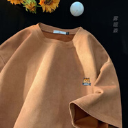 霧眠森 麂皮絨重磅領口短袖t恤男士夏季美式復古潮牌流寬松衣服男 棕色 M