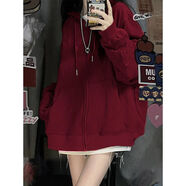 巧除新款運動(dòng)風(fēng)黑色外套女春秋款潮流帶帽休閑百搭寬松拉鏈中長(cháng)款衛衣 酒紅色【秋冬季-厚款】 M 85-105斤