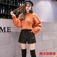 瑪菲萱皮褲短褲高腰皮短褲女秋冬新款高腰寬松潮黑色松緊外穿字闊腿靴褲 黑色 4XL