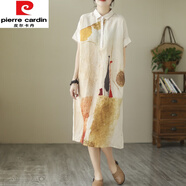皮爾卡丹（pierre cardin）店女裝洋氣印花亞麻襯衫長裙寬松短袖棉麻連衣裙 圖片色(即將) 大碼均碼【建議85-170斤】
