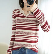 東方鴨100%純棉針織衫長(cháng)袖女韓版春秋新款條紋毛衣V領(lǐng)打底衫時(shí)尚外穿潮 彩條 棗紅色 2XL 135-150斤