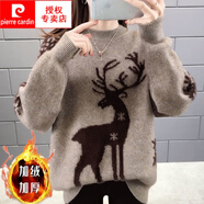 皮爾卡丹（pierre cardin）小鹿圣誕加絨毛衣女士加厚寬松外穿2025秋冬新款半高領針織衫冬季 加絨駝色 M
