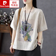 皮爾卡丹（pierre cardin）大號(hào)女士短袖t恤女夏上衣女2025新款胖mm寬松遮肚棉麻亞麻打底衫 麻色 4XL 建議：170-200斤