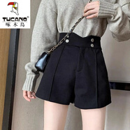 啄木鳥(niǎo)加厚毛呢短褲女秋冬季2025新款外穿松緊高腰顯瘦百搭闊腿打底靴褲 950黑色 2XL 【130-145斤】