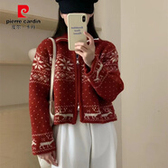 皮爾卡丹秋冬季韓國新款雪花甜美雙拉鏈百搭寬松毛衣女圣誕開衫外套 紅色 均碼