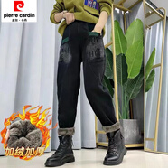 皮爾卡丹秋冬新款彈力加絨牛仔褲女寬松大尺碼哈倫褲加厚蘿卜褲休閑老爹褲 加絨 黑色綠邊【加厚】-高彈力 L 建議120-140斤