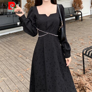 皮爾卡丹（pierre cardin）法式復古妹赫本風(fēng)感提花連衣裙夏季新款修身顯瘦釘珠長(cháng)裙好穿的 黑色3053 春秋大碼長(cháng)I袖裙子 4XL 【建議180-200斤】