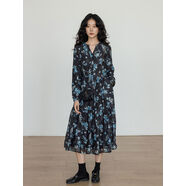 京東甄選秋季天絲亞麻印花顯瘦連衣裙女2025新款覆古設計感a字裙 黑色 S S