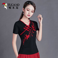 啄木鳥中國風(fēng)女裝夏裝新款民族風(fēng)上衣刺繡短袖T恤女修身大i碼繡花t 黑色 3XL （116-126斤）