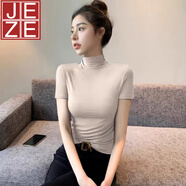 JEZE2025新款洋氣上衣半高領(lǐng)短袖T恤打底衫女內(nèi)搭夏春秋安可拉紅 淺卡其 L 100-115斤