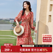 尚都比拉春秋中長款印花紅色連衣裙氣質(zhì)女神范顯瘦度假裙子 紅花 XL 