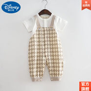 迪士尼（Disney）純棉新生嬰兒短袖長(cháng)褲連體衣夏季超薄款男寶寶哈衣爬行服外出歐美 杏色對扣款 均碼 80cm