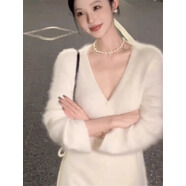 敲言白色v領(lǐng)長(zhǎng)袖連衣裙女秋冬新款寬松慵懶風(fēng)軟糯毛毛打底針織長(zhǎng)裙子 白色 S