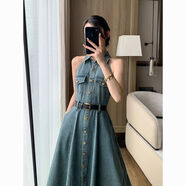 詩(shī)威琪2024復古牛仔背帶裙女夏秋森系小眾開(kāi)叉收腰顯瘦甜辣連衣裙女 復古連衣裙+腰帶 L