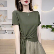 燕潯2025夏季新款女士設計感綁帶百搭短袖T恤休閑減齡顯瘦女士上衣T恤 煙熏綠 3XL