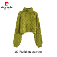 皮爾卡丹（pierre cardin）品牌折扣高領(lǐng)套頭短款麻花毛衣女秋冬新款慵懶風(fēng)寬松加厚針織外穿 黃綠色 M 105-115斤