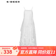 S.DEER圣迪奧女裝田園風(fēng)繡花歐根紗吊帶連衣裙S242Z1257 本白/9B L 170