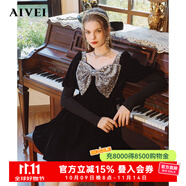 卓雅周末（JORYA weekend）2024年春季甜美公主亮片蝴蝶結(jié)方領(lǐng)晚宴絲絨針織連衣裙女R0160186 黑色 M