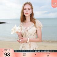 三彩2025夏季新款木耳邊荷葉袖蝴蝶印花雪紡連衣裙大擺長裙M 杏色花卉 L 165/88A