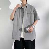 玉格格吉祥加肥加大碼襯衣男士夏季新款條紋工裝短袖襯衫男大號胖子休閑外套 灰色 6XL建議210-230斤