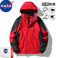 NASA BASE秋季棒球服外套男秋冬夾克連帽潮流衣服男裝三合一沖鋒衣加絨秋裝 中國紅(單件外套/男女同款) 4XL