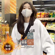 森馬（Semir）新款圓領(lǐng)衛衣女2024時(shí)尚春秋套頭上衣無(wú)帽寬松大碼加絨外套潮 白色    華棉加絨圓領(lǐng)   四格子 M