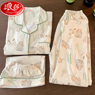 浪莎（LangSha）奶fufu純棉紗布睡衣女春夏季短袖長(zhǎng)褲短褲三件套裝可愛(ài)卡通家居服 平紋-垂耳兔短.袖+短褲+長(zhǎng)褲】 L 女款100-120斤穿】