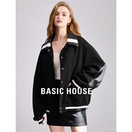 BASIC HOUSE/百家好撞色拼接短外套女2024春季新款廓形夾克上衣 黑色 S