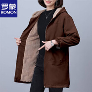 羅蒙（ROMON）官方加絨大碼寬松連帽中長(cháng)款薄外套春秋中老年媽媽裝大口袋保暖 1240#咖啡色 L 【建議95-115斤】
