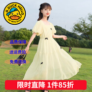 G.DUCKKIDS童裝女童連衣裙夏季兒童裙子夏裝2025新款純色公主裙大童顯瘦長(cháng)裙 蝴蝶結淺黃色 120 尺碼5~6歲【110-120cm】