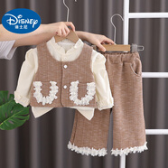迪士尼（Disney）女寶寶秋裝套裝洋氣兒童衣服童裝一歲女童冬裝小香風馬甲三件套 卡其色花邊雙口袋三件套 100 建議90-100cm1歲半-2歲碼(8