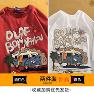 魯賓克美式復(fù)古短袖t恤男潮牌寬松百搭趣味印花情侶半袖夏季圓領(lǐng)體恤衫 【兩件裝】紅色+白色 XL