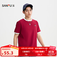 三福2025夏季男士小動(dòng)物圖案短T恤 趣味寬松圓領(lǐng)上衣男502650 暗紅色 M