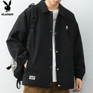 花花公子（PLAYBOY）外套男春秋季夾克男裝男士休閑潮流翻領(lǐng)上衣服 黑色 XL