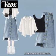 VEOX女裝夏秋季套裝女2025新款襯衫女顯瘦背心牛仔半身裙三件套 白襯衫+黑色背心+牛仔半身裙 三 L 建議100-120斤