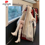 皮爾卡丹（pierre cardin）秋冬大碼加絨加厚連帽毛領(lǐng)斗篷披肩女中長(cháng)款流蘇毛呢大衣披風(fēng)外套 米白【不加絨】 均碼 【80-185斤左右】