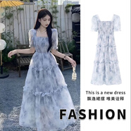 妍藝詩裙子夏天女裝2024夏季新款氣質(zhì)女神范溫柔風(fēng)新中式連衣裙女長裙 天藍(lán)色水墨畫 M(95-105斤)