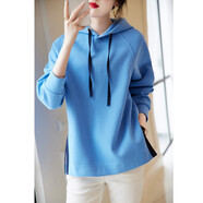 德瑪納【開(kāi)衩工藝】春秋連帽寬松休閑微彈長(cháng)袖女衛衣女 藍色 S 